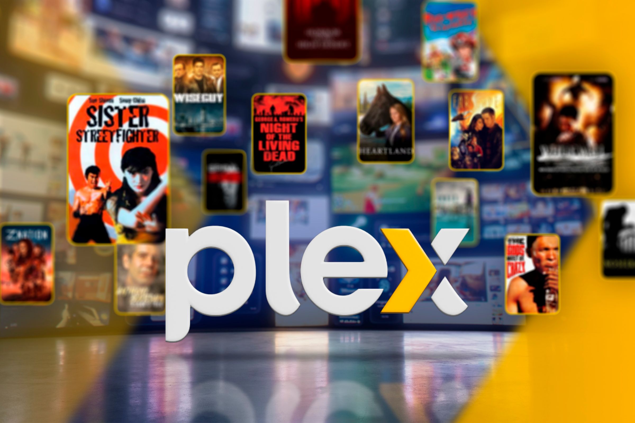 Plex logo surrounded by some movies and several screens in the background.