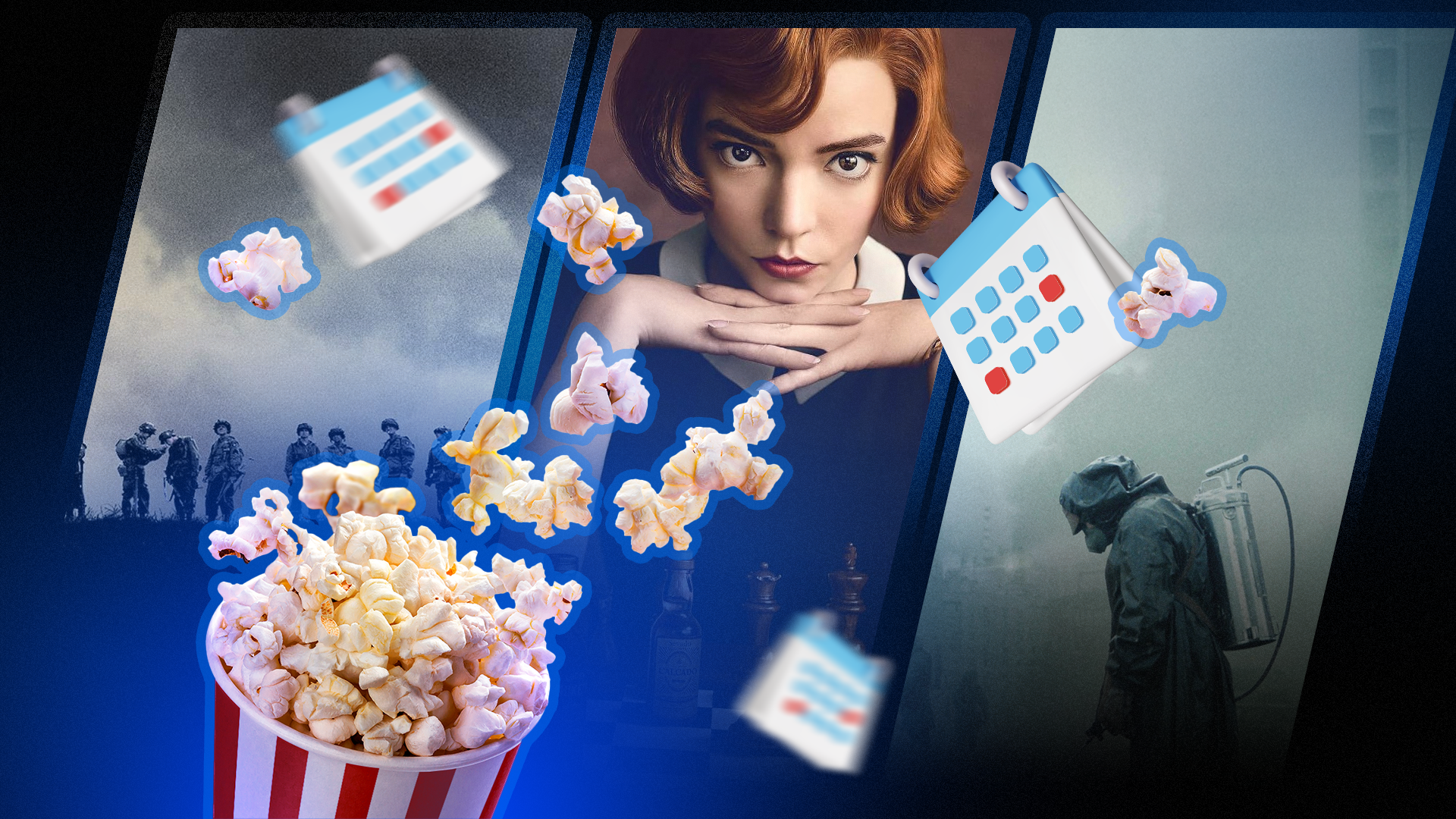 Popcorn flying out of a bucket, with calendars around it and TV show covers in the background.