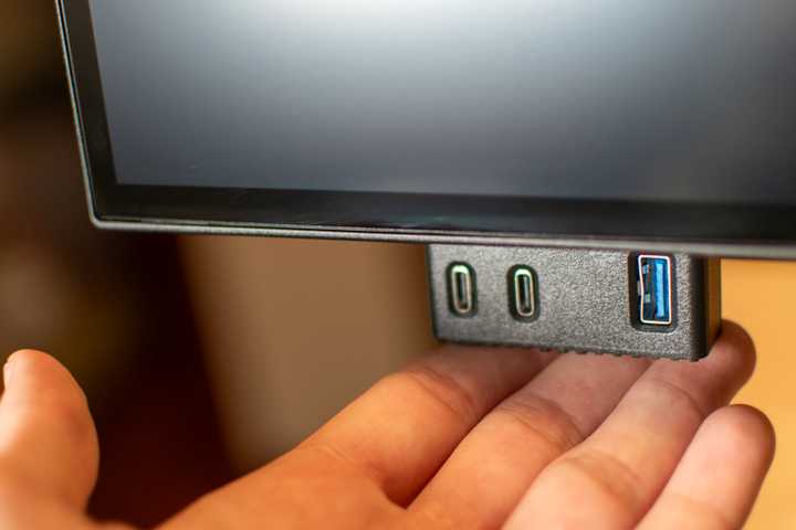 Popout USB ports on a Dell Ultrasharp 27 Thunderbolt Hub monitor.