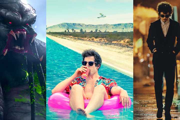A composite image with characters from Predator: Killer of Killers, Palm Springs, and A Complete Unknown.