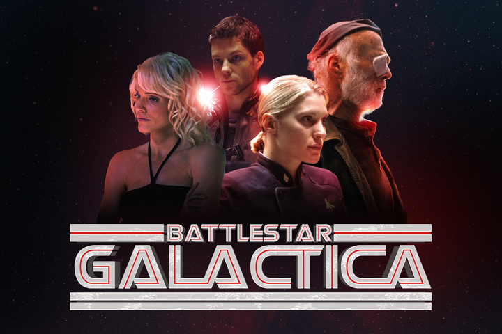 Promotional image for Battlestar Galactica featuring four characters in dramatic lighting against a starry space background, with the series logo at the bottom.