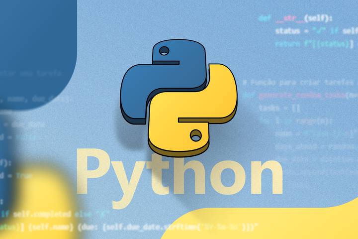 Python logo over blurred Python code background, with the word 'Python' written in yellow underneath.