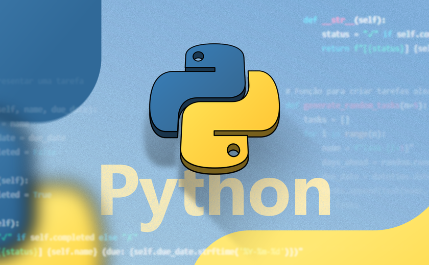 Python logo over blurred Python code background, with the word 'Python' written in yellow underneath.