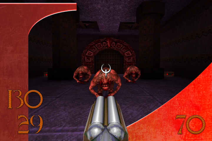 Quake gameplay with a double-barreled shotgun aimed at three monsters.