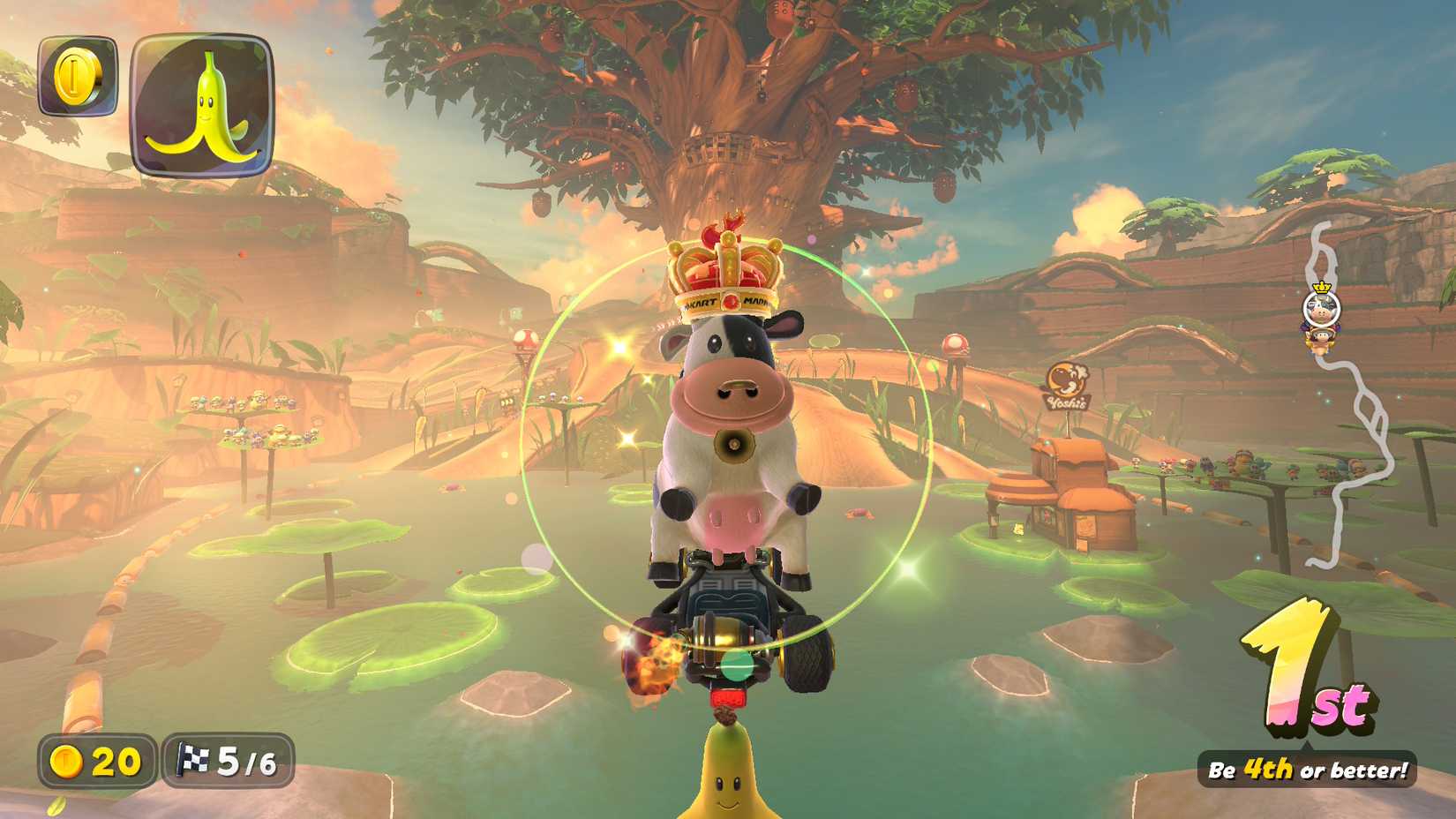 Racing as a cow in Mario Kart World.