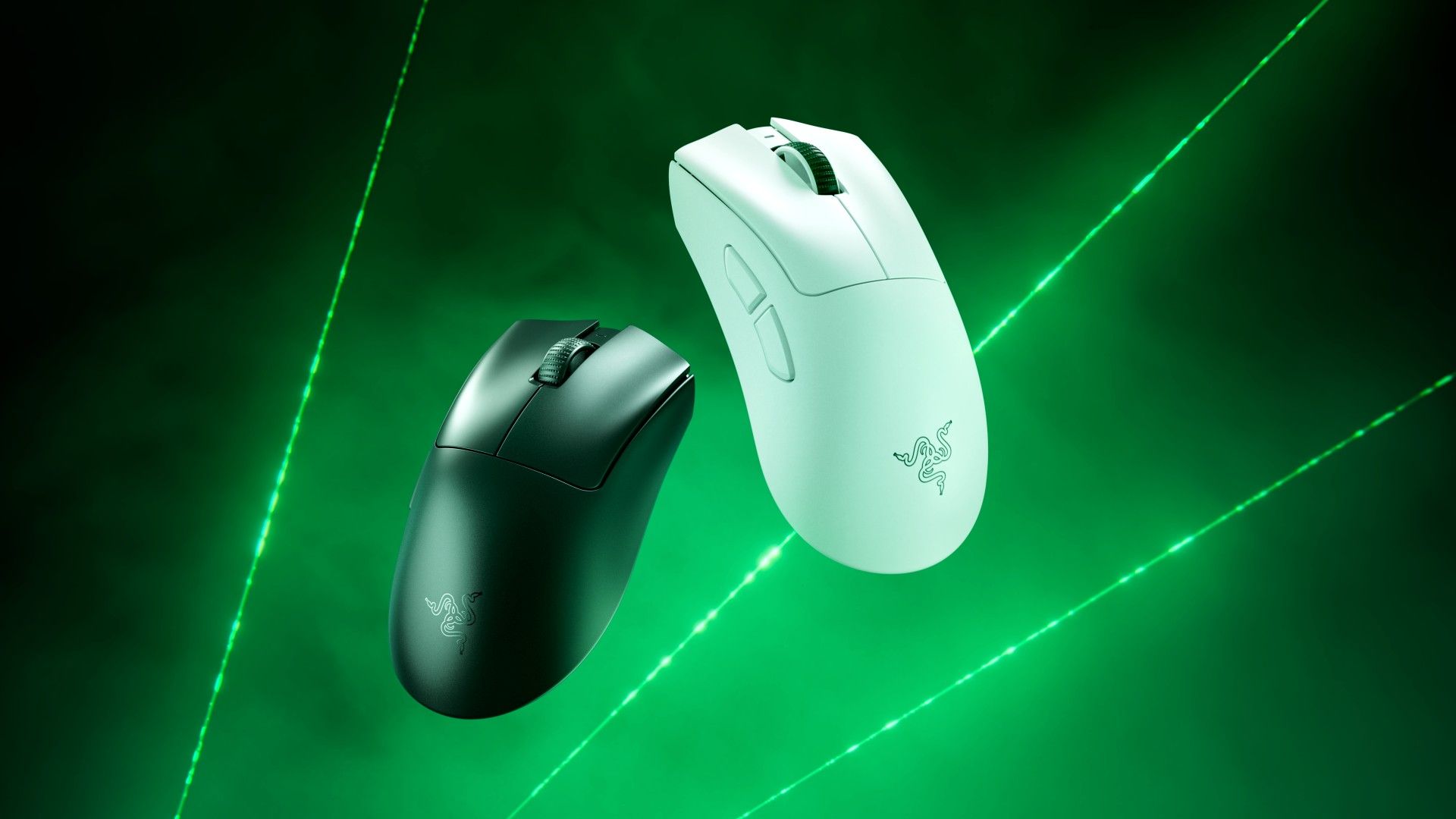 Razer DeathAdder V4 Pro white and black mouses on a green smoke background