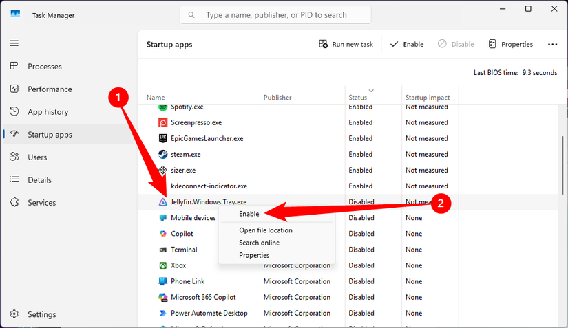 Reenabling a startup app that was previously disabled.