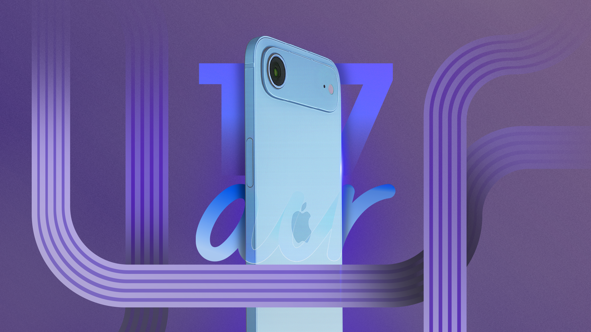 Rumored iPhone 17 Air displayed with a gradient background and curved lines. 