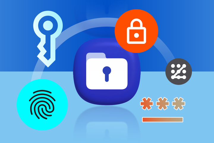 Samsung Secure Folder logo surrounded by security symbols.