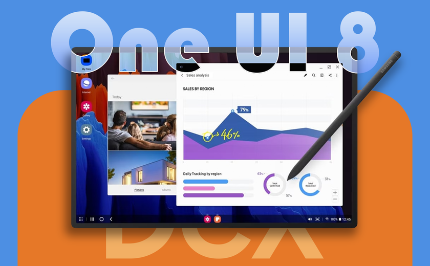 Samsung One UI 8 desktop mode interface displayed on a screen, showing multitasking windows and a stylus pen.