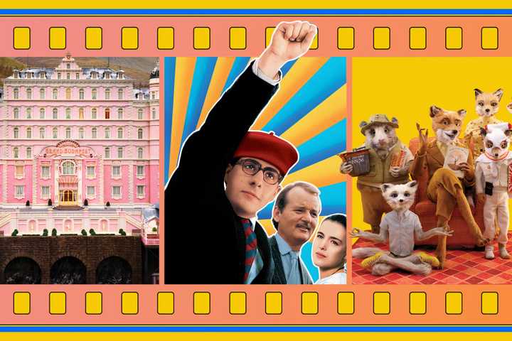 Scenes from Wes Anderson’s movies - the pink hotel from The Grand Budapest Hotel, the main character from Rushmore, and the fox family from Fantastic Mr. Fox, all inside a colorful film strip frame.
