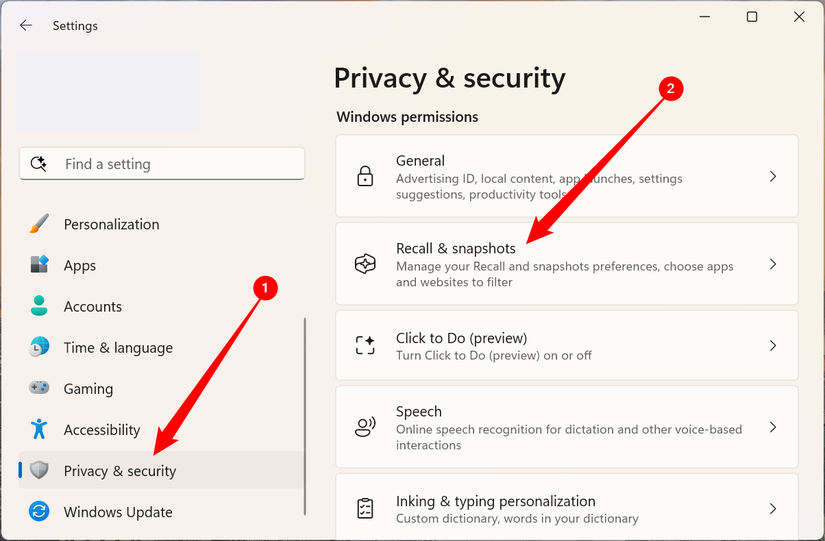 Select "Privacy & security," then head to "Recall & Snapshots."