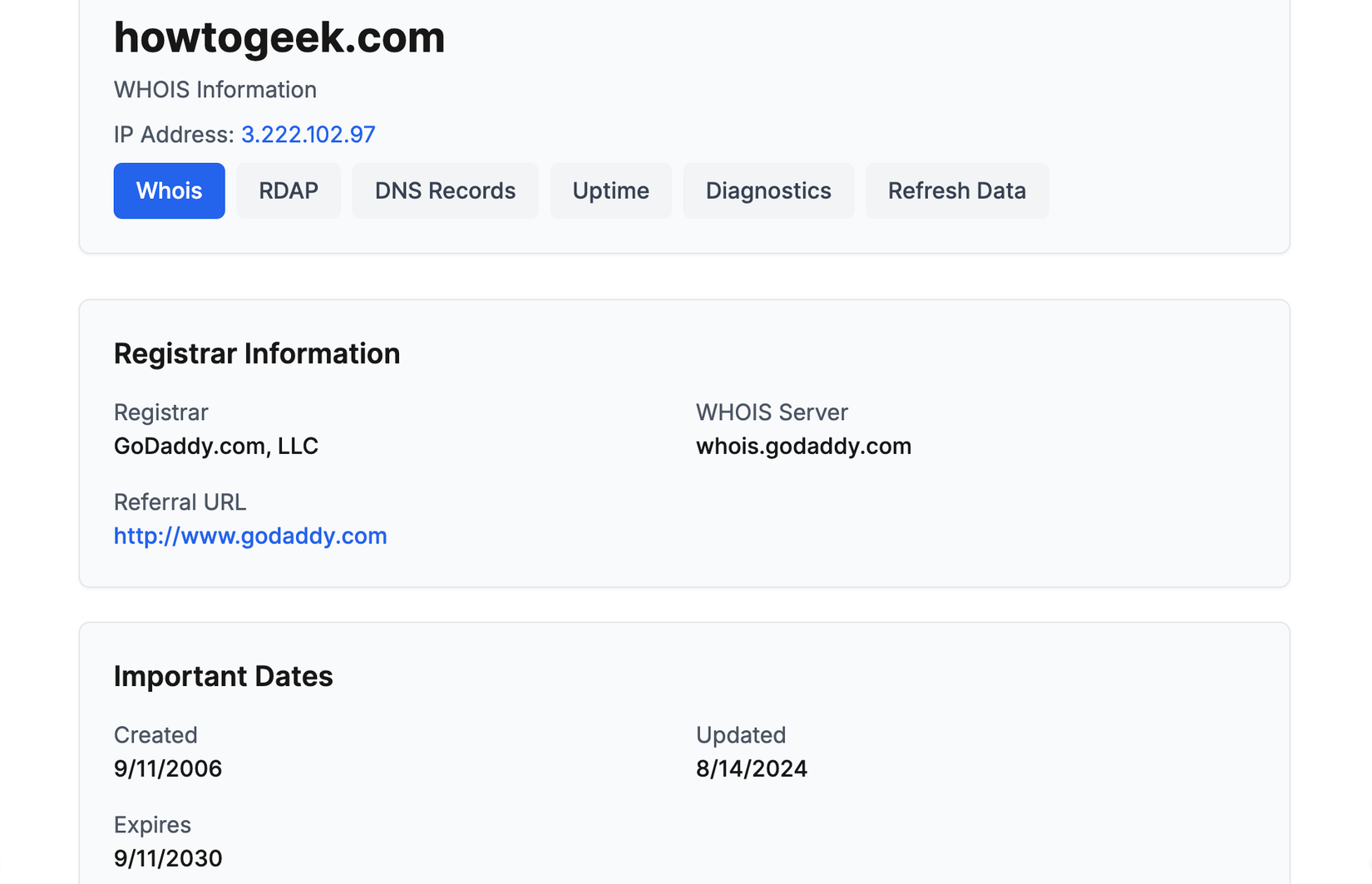 Checking the age of How-To Geek website using the who.is website.