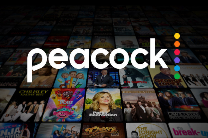 Peacock Streaming homepage with Peacock logo.