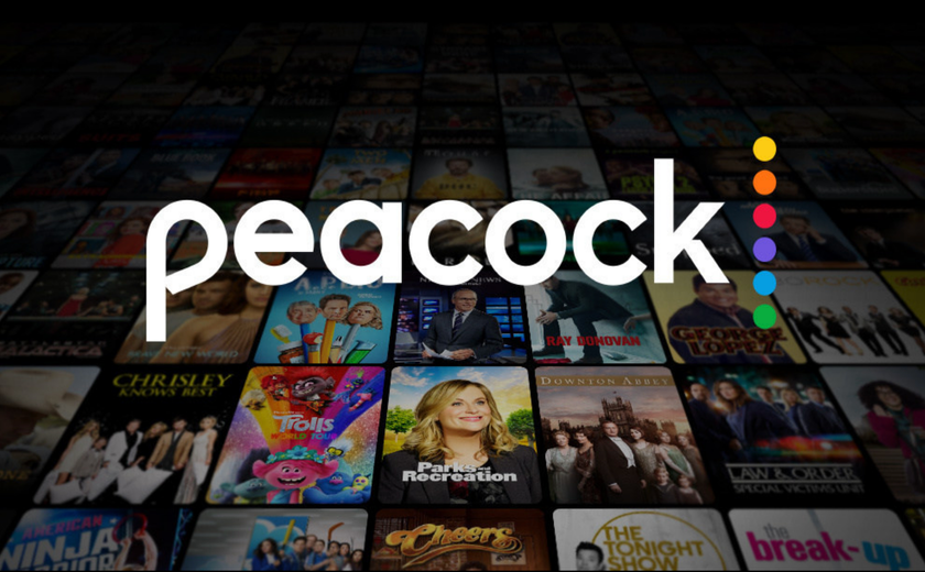Peacock Streaming homepage with Peacock logo.