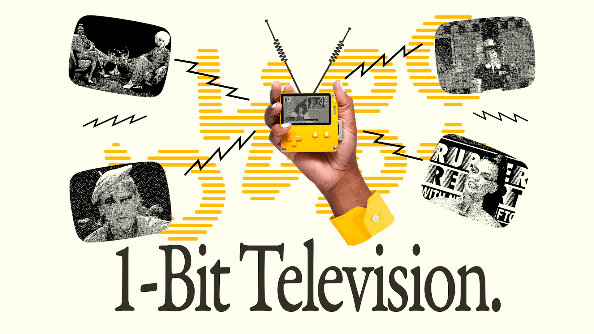 Blippo+ 1-bit streaming service ad with screencaps and a hand holding a Playdate game console.