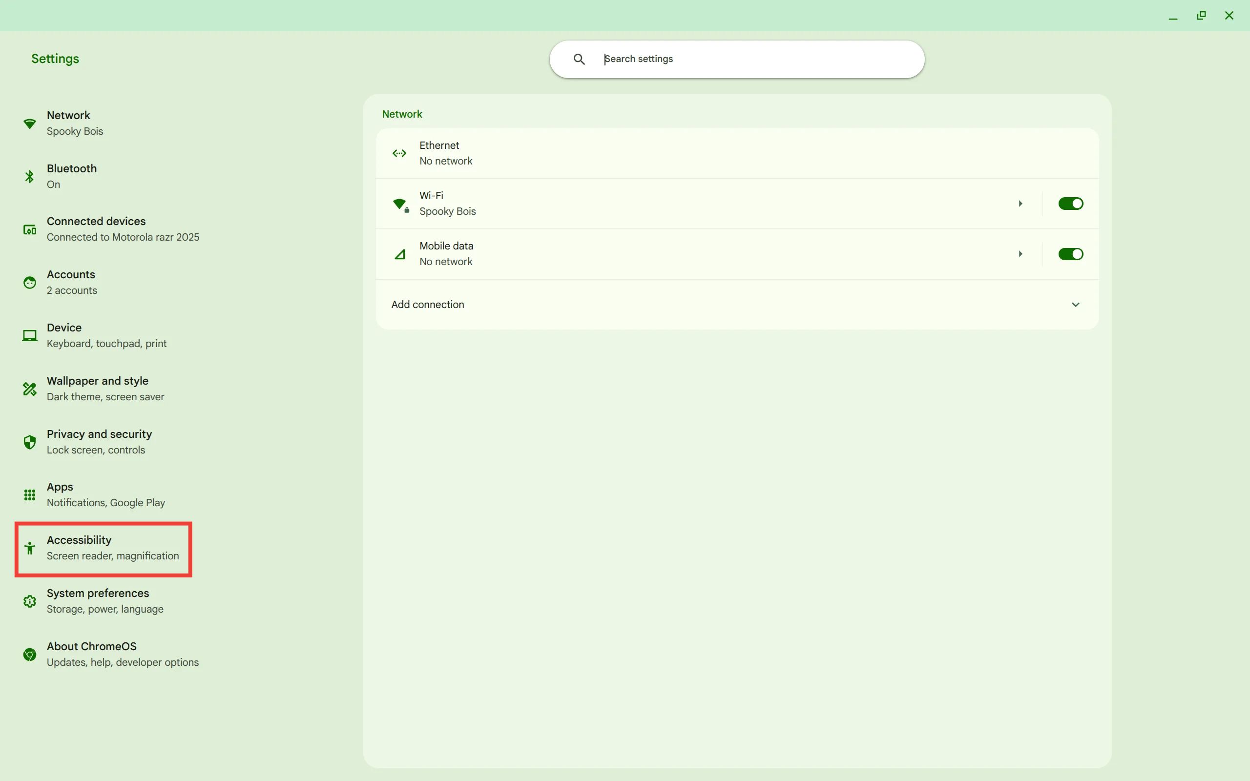 Highlighting the Accessibility section in the Chromebook Settings app
