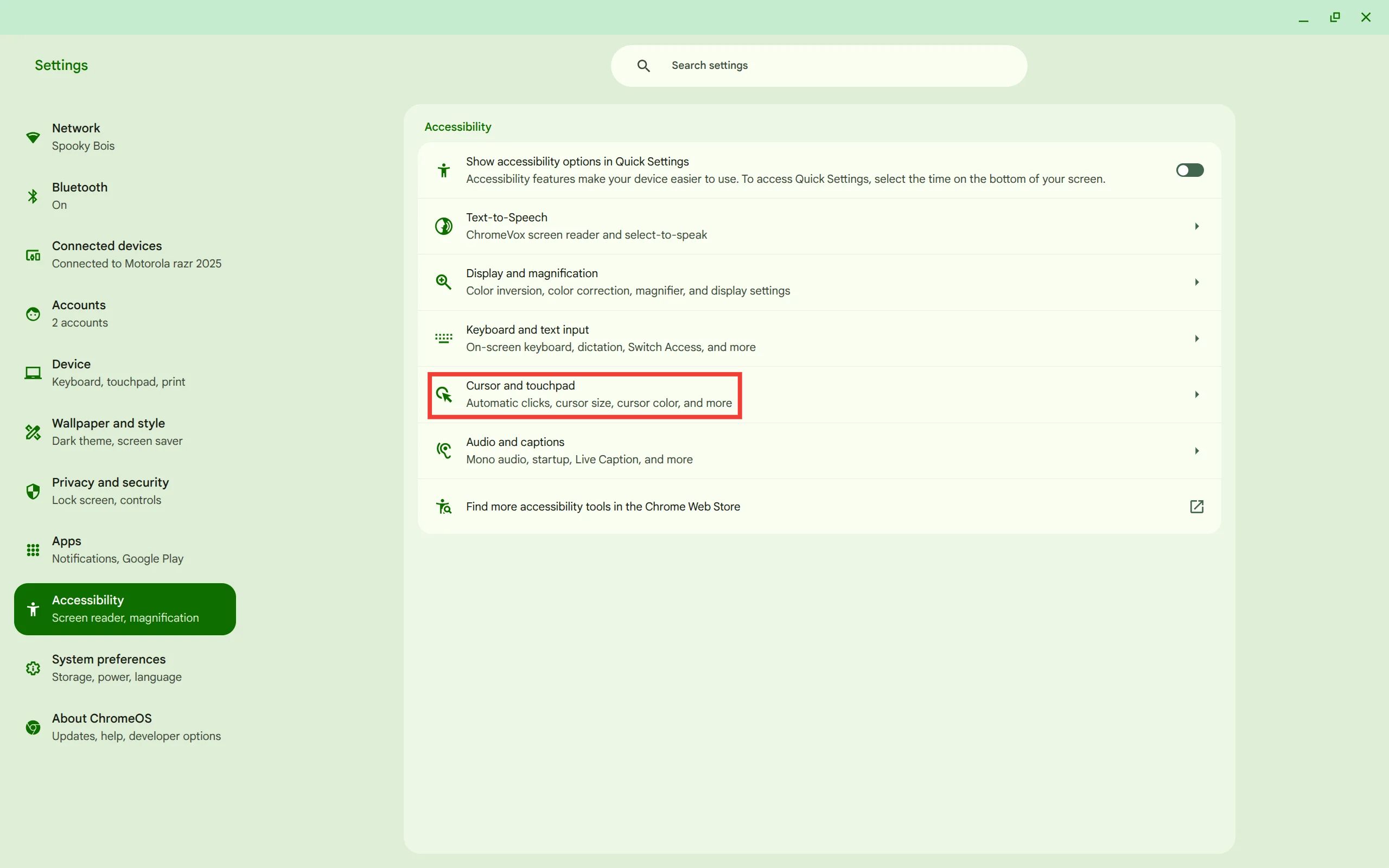 Highlighting the Cursor and touchpad options in the Accessibility section of Chromebook Settings