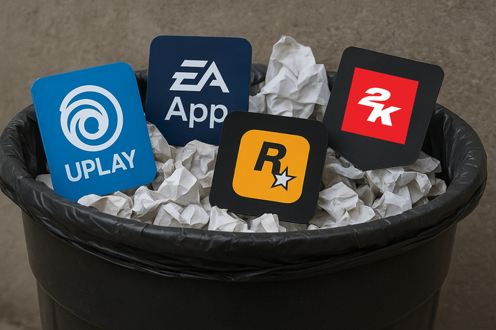 Several game launcher icons in the trash.