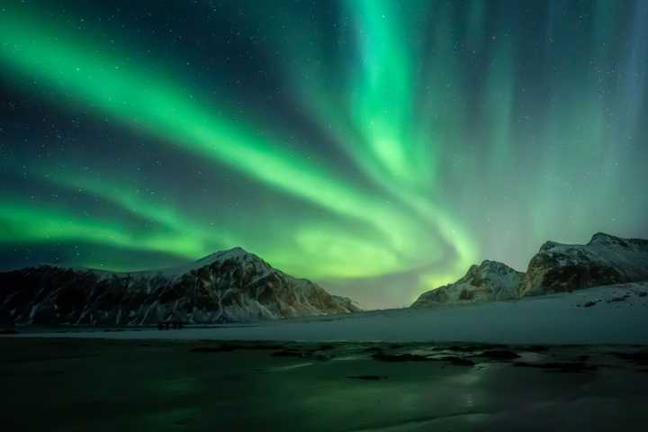 Green aurora seen over a snowy foreground. 