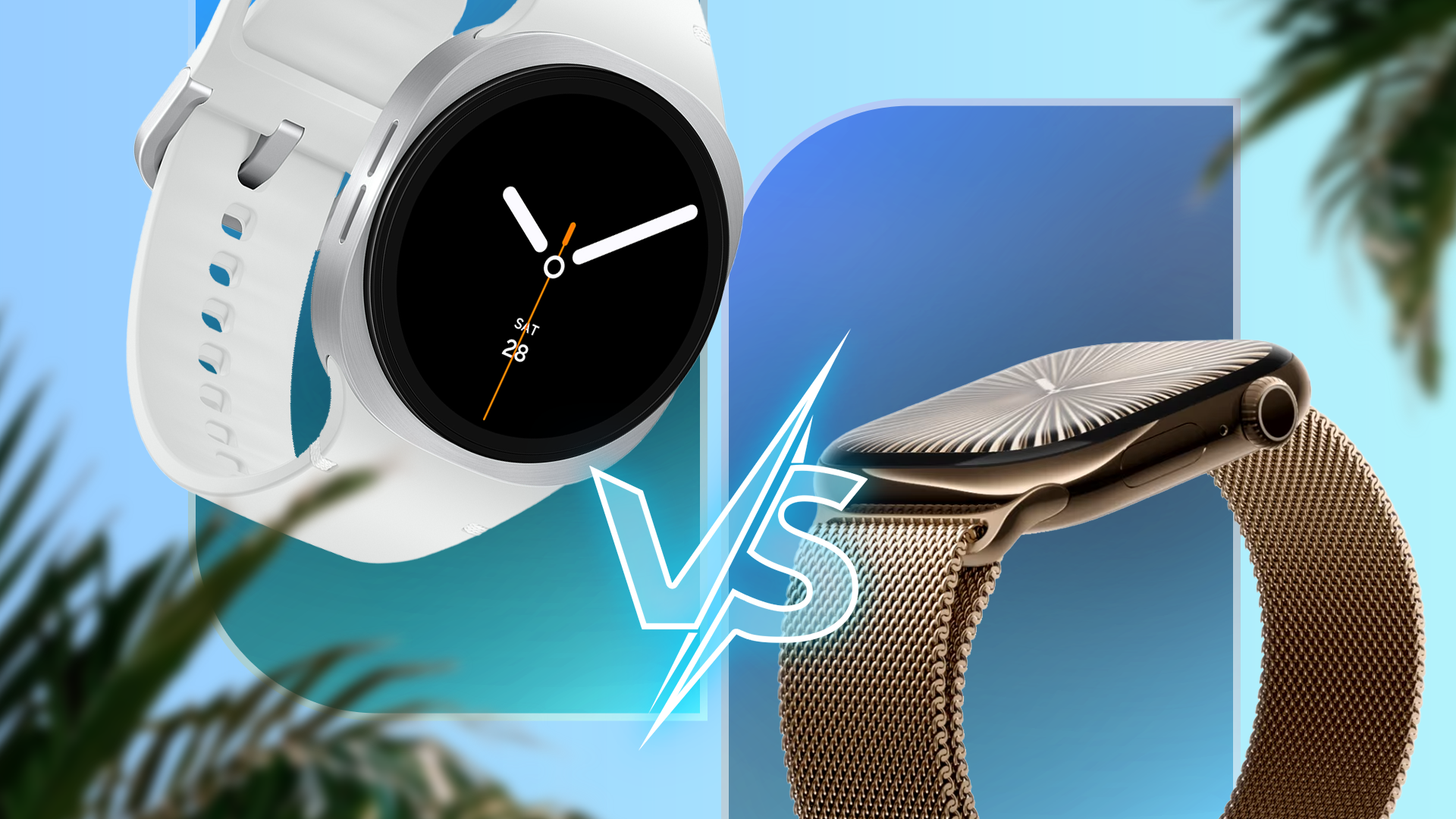 Side-by-side comparison of the Galaxy Watch 8 and Apple Watch Series 10 with a 'VS' graphic between them.