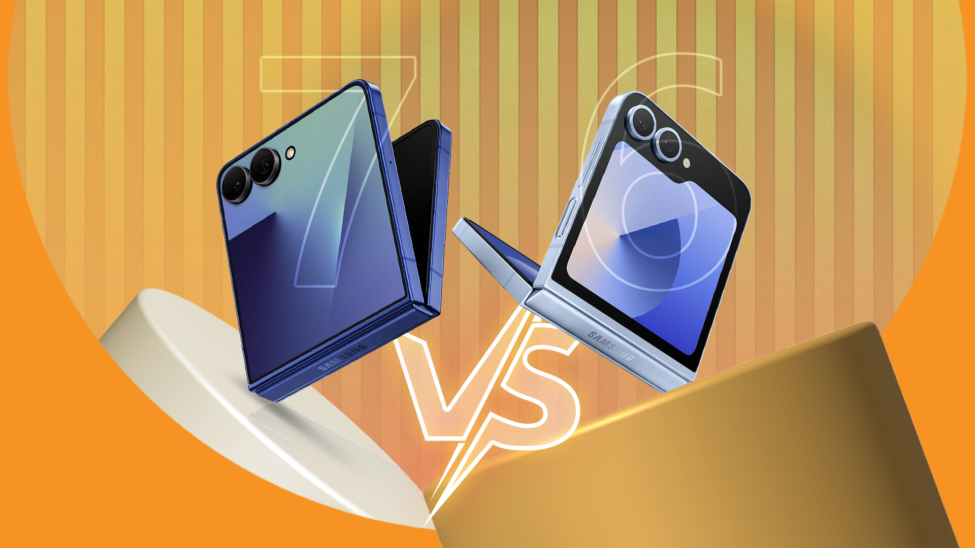 Side-by-side comparison of the Samsung Galaxy Z Flip 7 and Z Flip 6.