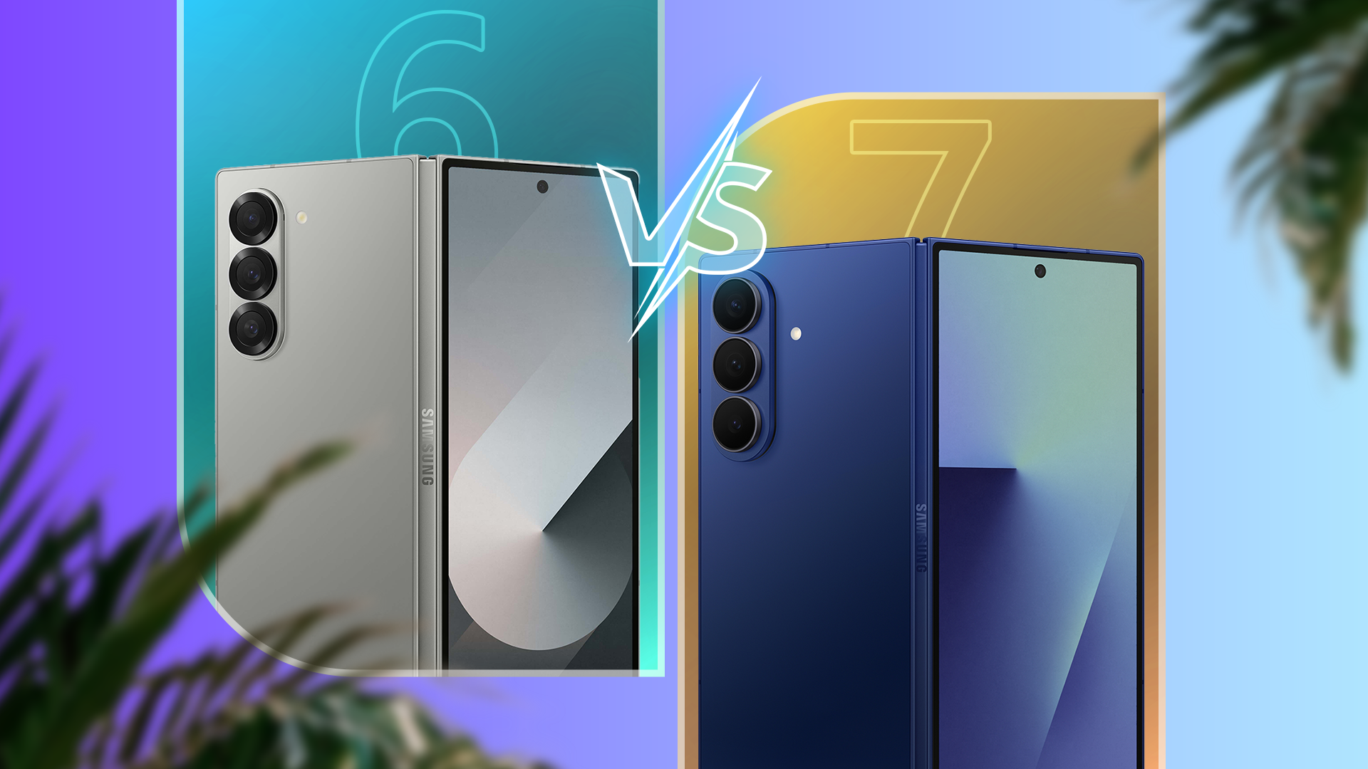 Side-by-side comparison of the Samsung Galaxy Z Fold 6 and Z Fold 7 smartphones, with a 'VS' graphic between them.
