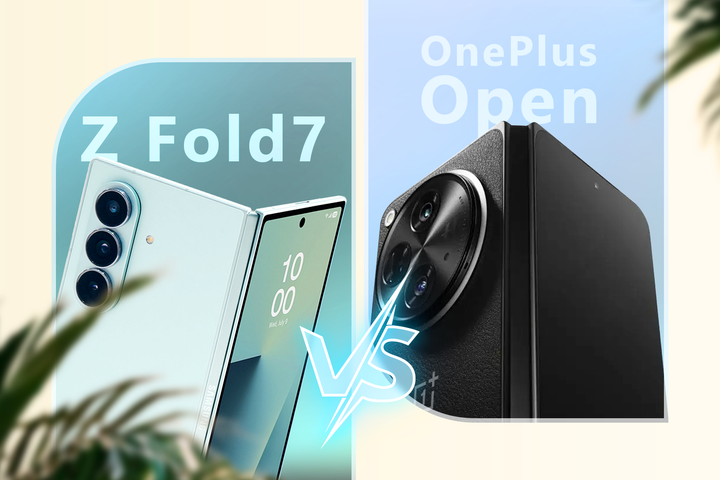 Side-by-side comparison of the Samsung Galaxy Z Fold 7 and a OnePlus Open smartphones, with a 'VS' graphic between them.