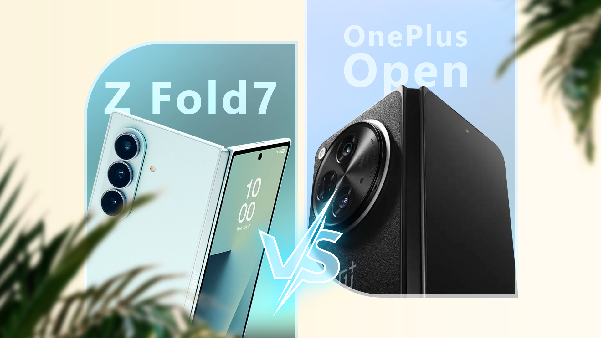 Side-by-side comparison of the Samsung Galaxy Z Fold 7 and a OnePlus Open smartphones, with a 'VS' graphic between them.