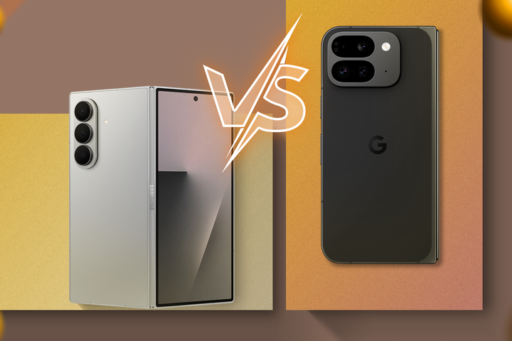 Side-by-side comparison of the Samsung Galaxy Z Fold 7 and Google Pixel 9 Pro Fold smartphones, with a 'VS' graphic between them.