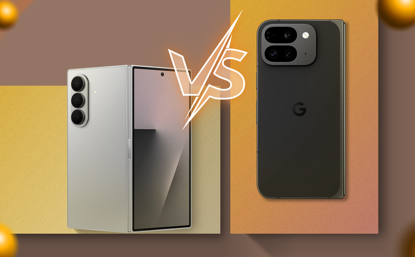 Side-by-side comparison of the Samsung Galaxy Z Fold 7 and Google Pixel 9 Pro Fold smartphones, with a 'VS' graphic between them.