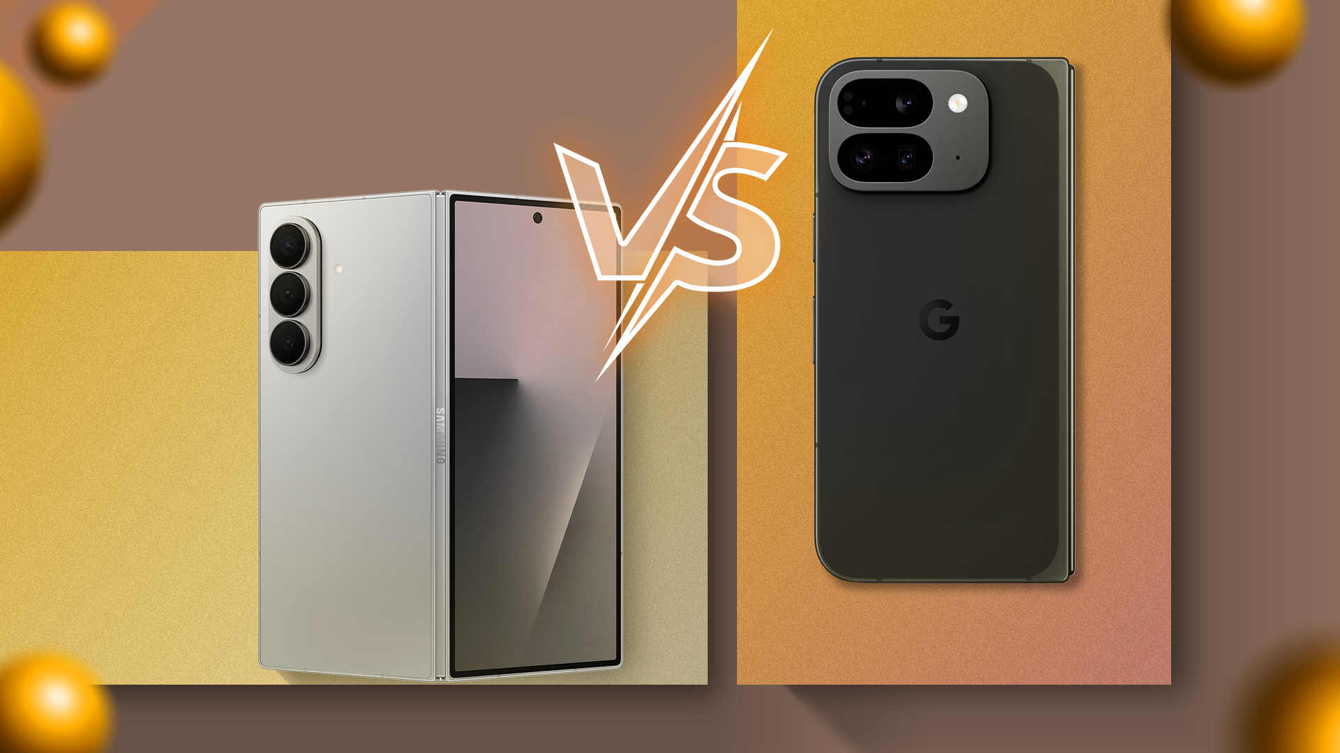 Side-by-side comparison of the Samsung Galaxy Z Fold 7 and Google Pixel 9 Pro Fold smartphones, with a 'VS' graphic between them.