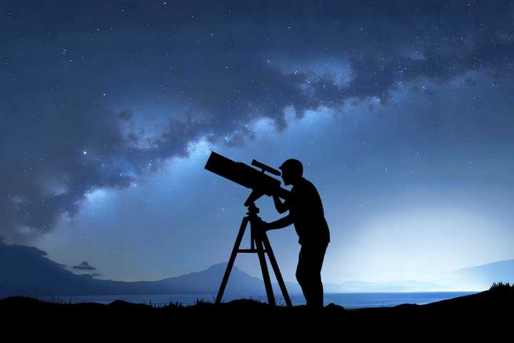 Silhouette of a person stargazing using a telescope.