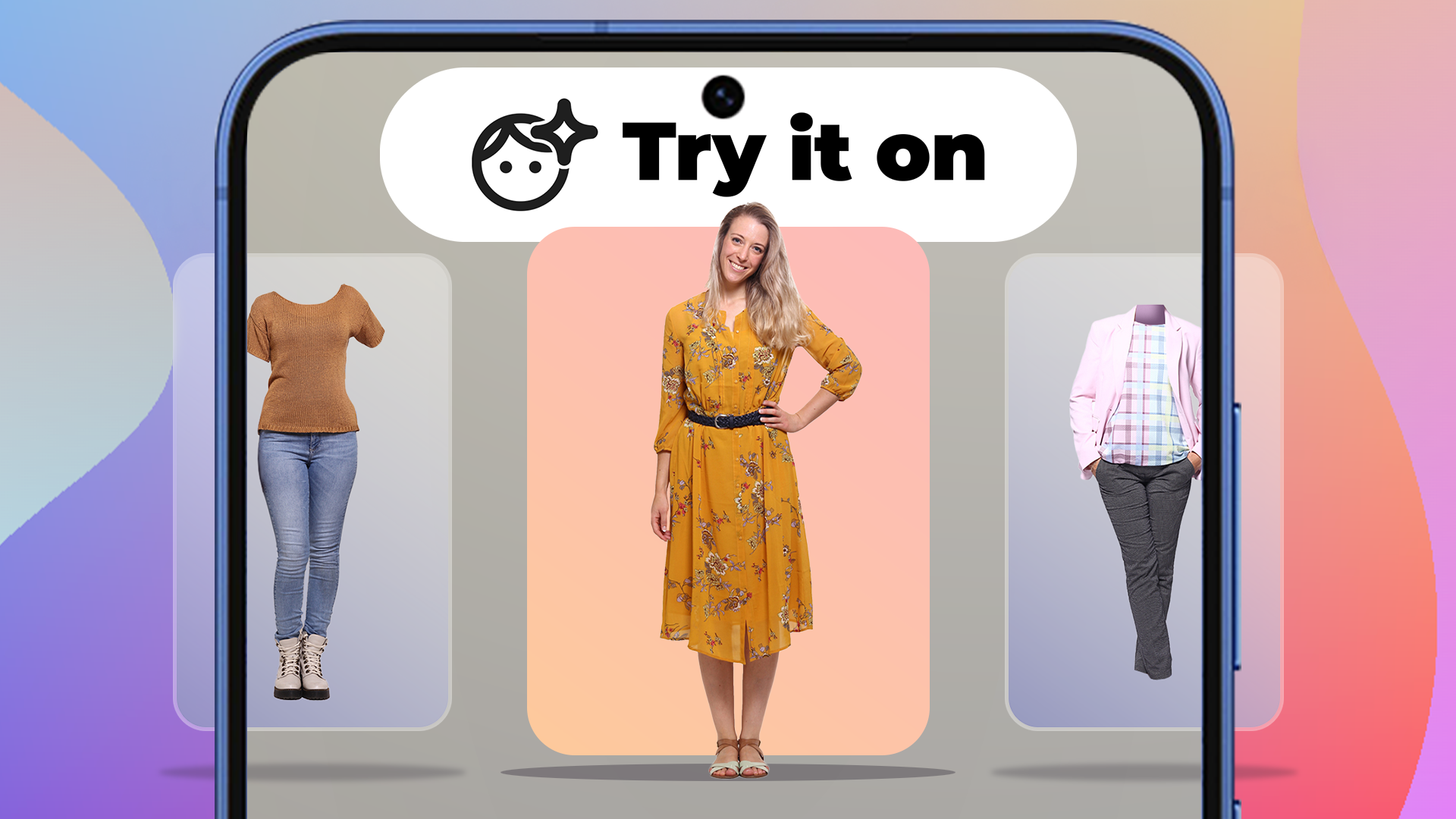 Smartphone screen showing a woman wearing a yellow dress in the center, flanked by two alternative clothing outfits, with Google’s 'Try it on' feature at the top.
