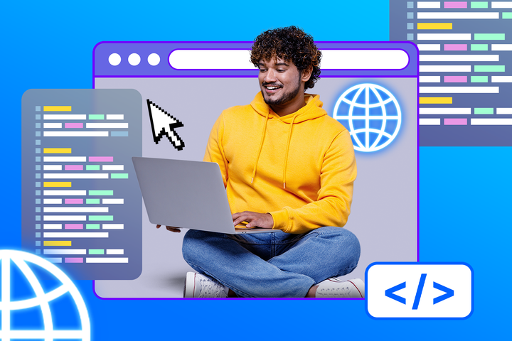 Smiling man sitting cross-legged with a laptop, surrounded by code snippets, web browser graphics, and internet icons on a bright blue background.