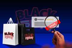 Some Black Friday shopping bags and a hand holding a magnifying glass over a fake review.