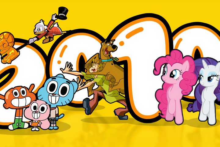 Some characters from 2010s cartoons positioned in front of the text '2010s'.