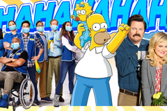 Some comedy TV shows with playful 'hahaha' text in the background.