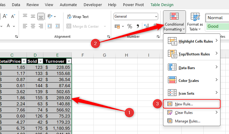 Some data in Excel is selected, and New Rule in the Conditional Formatting menu is selected.
