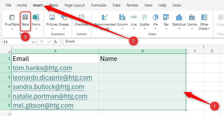 Some data is selected in Excel for the Web, and the table button in the Insert tab is selected.