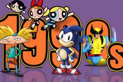 Some iconic characters from classic '90s cartoons positioned in front of the text '1990s'.