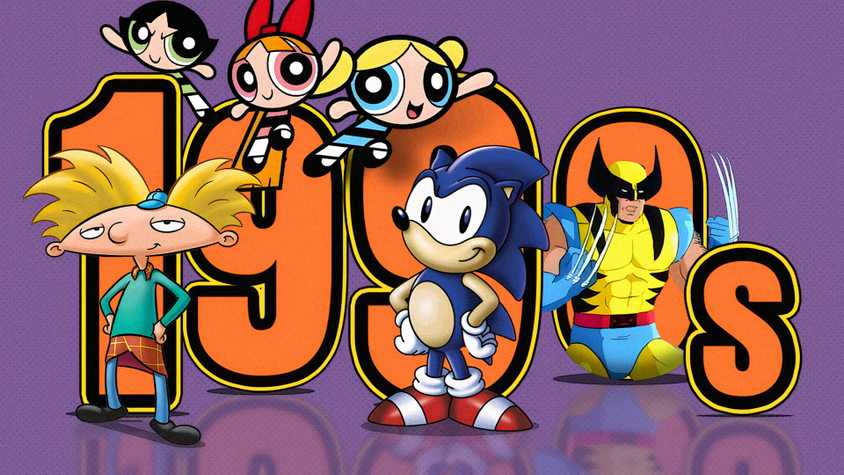 Some iconic characters from classic '90s cartoons positioned in front of the text '1990s'.