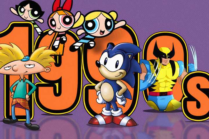 Some iconic characters from classic '90s cartoons positioned in front of the text '1990s'.