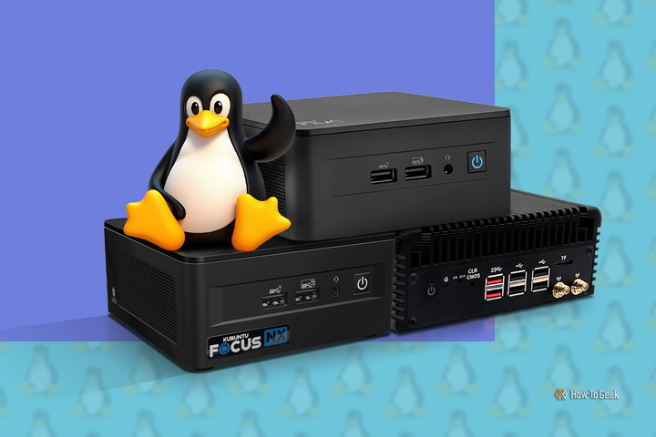 Some mini PCs side by side with the Linux mascot above them.