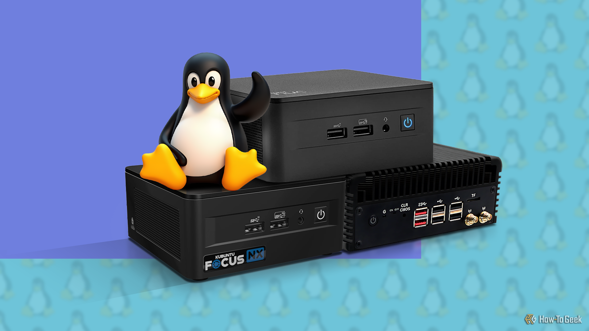 Some mini PCs side by side with the Linux mascot above them.