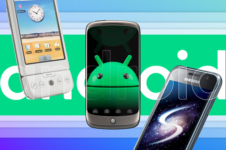 T-Mobile G1, Nexus One, and Samsung Galaxy S with the Android mascot in the center.