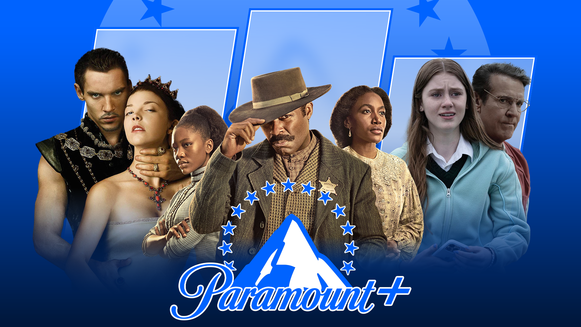 Some TV show characters and the Paramount+ logo in the center.