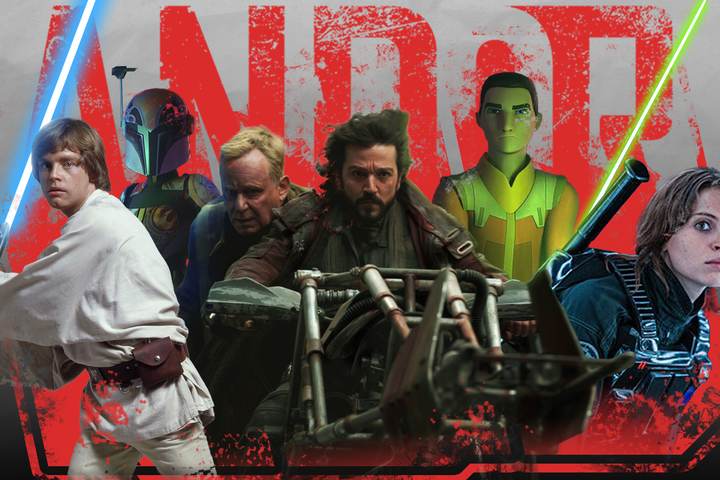 Some TV show characters with the Andor logo in the background.