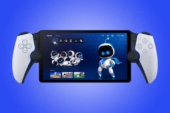 Sony's PlayStation Portal handheld, set against a  blue gradient background.