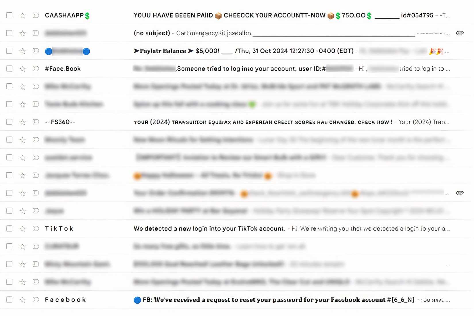 Screenshot of Gmail's spam folder filled with emails that have abnormal fonts and urgent claims in the subject line